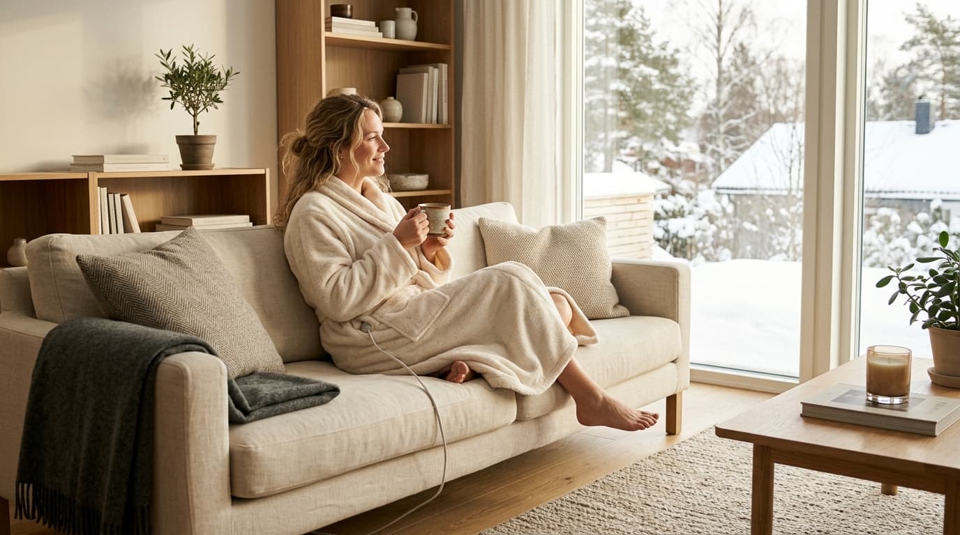 Person wearing CozyCorobes premium heated robe relaxing in a sunlit living room