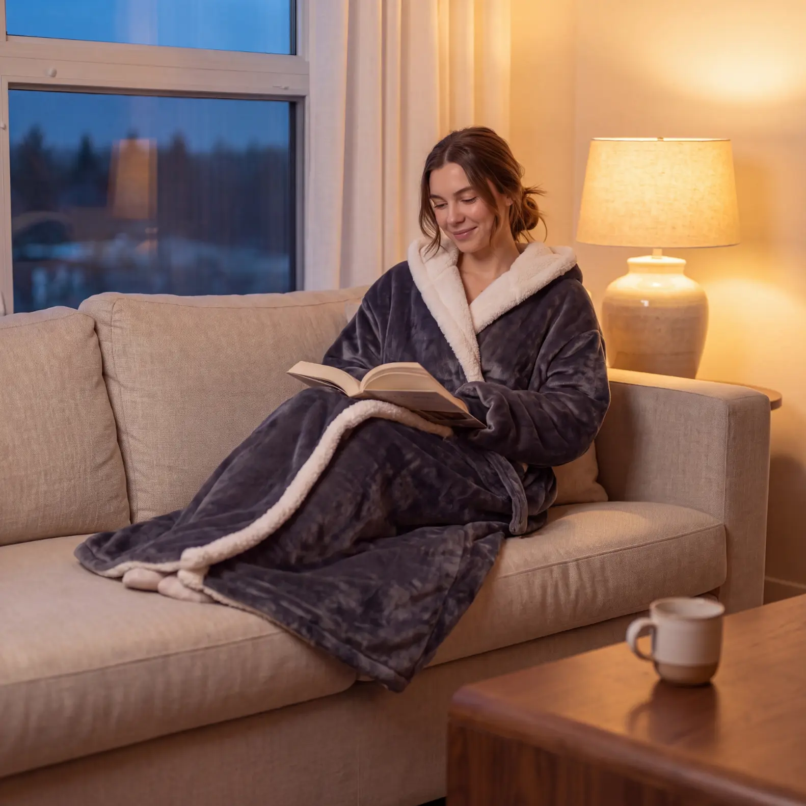 Working comfortably from home desk in cozy wrap